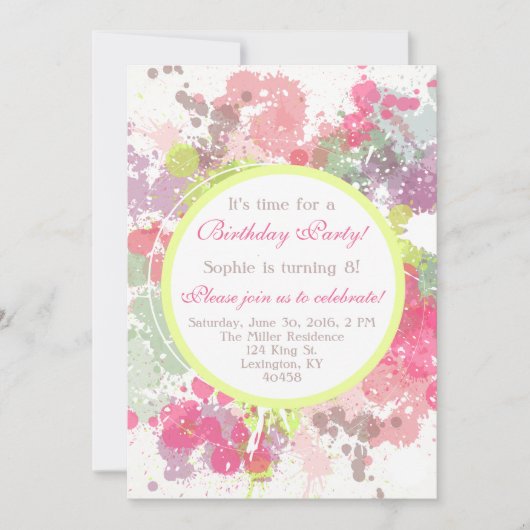 水彩のかわいらしスプラット誕生日パーティーの招待 招待状 (正面)