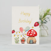 水彩のきのこといちごのキュートなパーティ 箔招待状 (立ち正面)