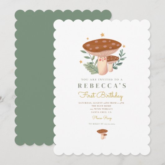 水彩のきのこ ファーストバースデー  招待状 (正面/裏面)