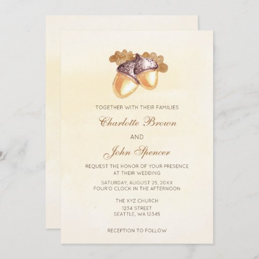 水彩のどんぐりと樺の葉の落ちる結婚式 招待状 (正面/裏面)