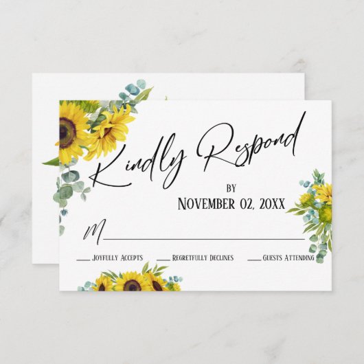 水彩のひまわりとユーカリのデザインにご返信ください 出欠カード (正面/裏面)