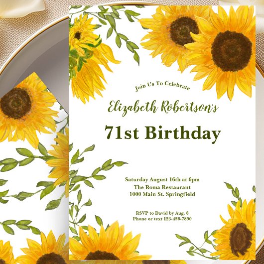 水彩のひまわりの71歳の誕生日招待状 招待状