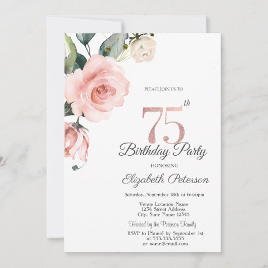 水彩のような優しい色のバラ　75歳の誕生日 招待状 (正面)