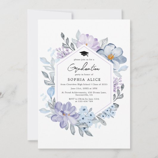 水彩のような優しい色合いの花を飾った、2025年の卒業パーティー 招待状 (正面)