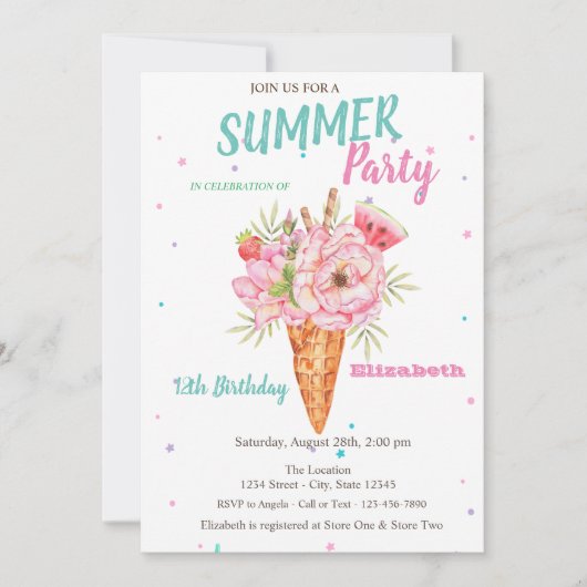 水彩のアイスクリームと花の夏の誕生日パーティー 招待状 (正面)
