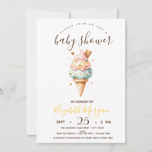 水彩のアイスクリームと黄色のストライプのベビーシャワー 招待状 (正面)