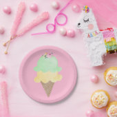 水彩のアイスクリームコーン ピンクの紙皿 ペーパープレート (パーティー)