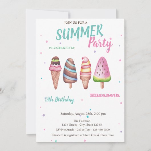 水彩のアイスクリーム サマーバースデーパーティー 招待状 (正面)