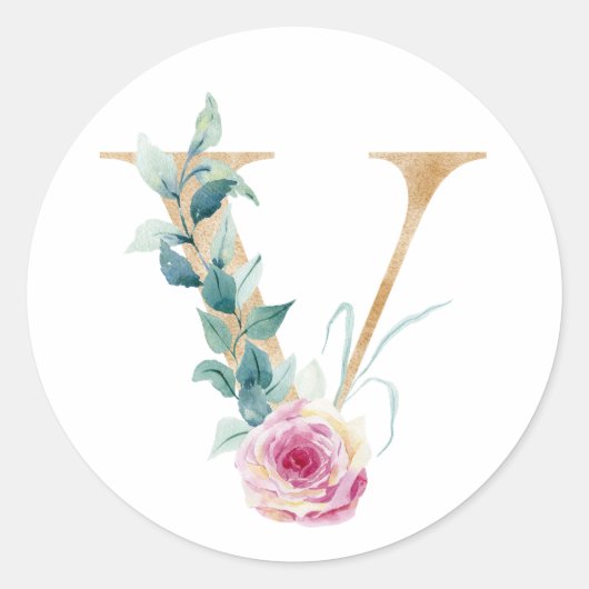 水彩のアルファベットVとバラ。名前や短いフレーズを追加してパーソナライズできます ラウンドシール (正面)