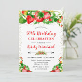 水彩のイチゴと花の50歳の誕生日 招待状 (スタンド正面)