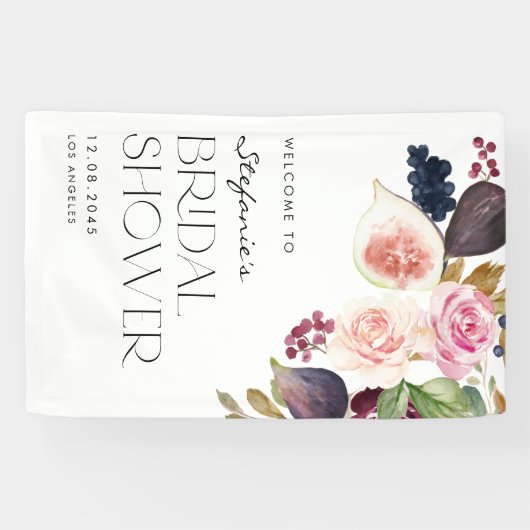 水彩のイチジクとバラの花のブライダルシャワー 横断幕 (横)