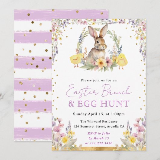 水彩のウサギと春の花 イースター 招待状 (正面/裏面)