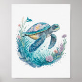 水彩のウミガメ 海洋生物 ポスター (正面)