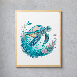 水彩のウミガメ 海洋生物 ポスター
