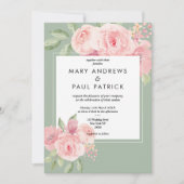 水彩のエレガントなピンクとミントグリーンの花のウェディング 招待状 (正面)