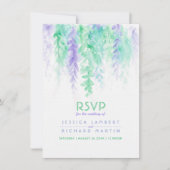 水彩のカスケードグリーンとパープルのウェディングRSVP 招待状 (正面)