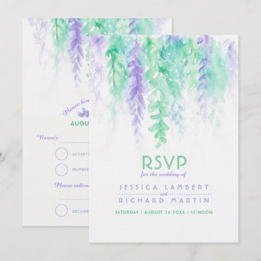 水彩のカスケードグリーンとパープルのウェディングRSVP 招待状 (正面/裏面)