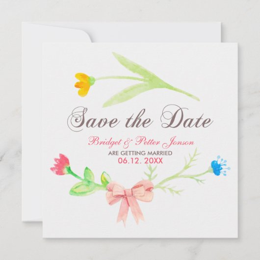 水彩のカラフルな夏の花- Save The Date 招待状 (正面)