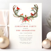 水彩のカーディナルバードと鹿の角のクリスマスパーティー 招待状
