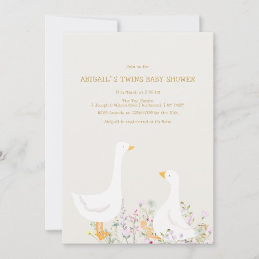 水彩のガチョウとワイルドフラワーの双子ベイビーシャワー 招待状 (正面)