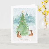 水彩のクリスマスツリーとキツネ家族 メリークリスマス カード (黄色い花)