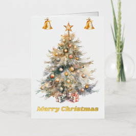 水彩のクリスマスツリーとベルが飾られた 箔グリーティングカード