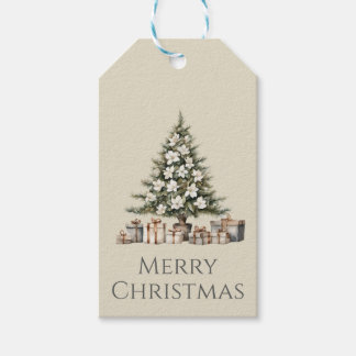 水彩のクリスマスツリーと包装されたプレゼント ギフトタグ