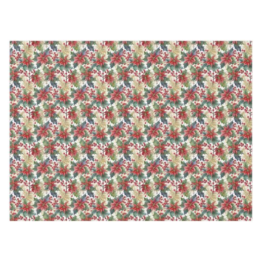水彩のクリスマスパターン ポインセチアとホーリー テーブルクロス (正面(横))