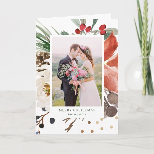 水彩のクリスマスフラワーと写真 シーズンカード (正面)