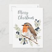 水彩のクロウタドリと冬の実 シーズンポストカード (正面/裏面)