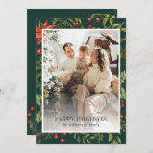 水彩のグリーンと花のフレーム写真 シーズンカード (正面/裏面)