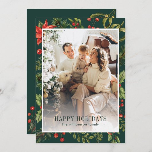 水彩のグリーンと花のフレーム写真 シーズンカード (正面/裏面)