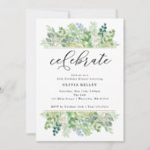 水彩のグリーンと葉のボーダーでお祝い 招待状 (正面)