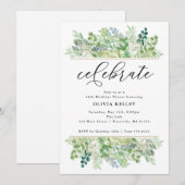 水彩のグリーンと葉のボーダーでお祝い 招待状 (正面/裏面)