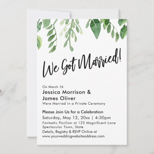 水彩のグリーン 私たち結婚しました! お祝い 招待状 (正面)
