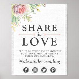 水彩のサボテン ウェディングハッシュタグ フォトサイン ポスター