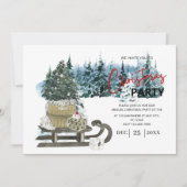 水彩のサンタのそり ラスティックなクリスマスパーティー 招待状 (正面)
