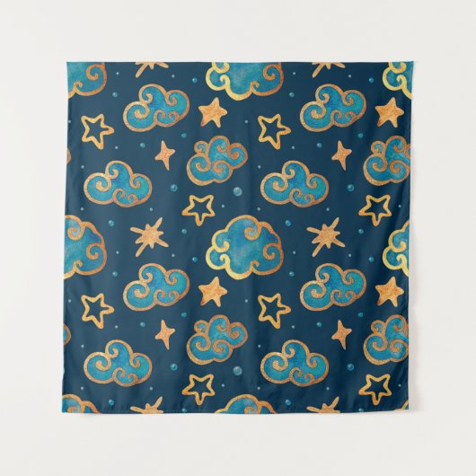 水彩のシームレスパターン 月と星 タペストリー (正面)