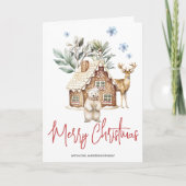 水彩のジンジャーブレッドハウス、シロクマ&トナカイ シーズンカード (正面)