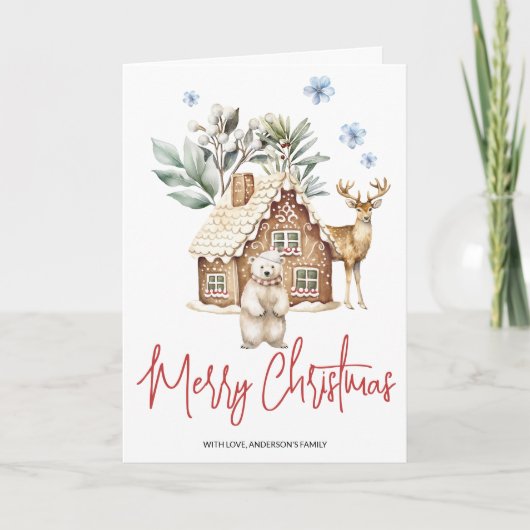 水彩のジンジャーブレッドハウス、シロクマ&トナカイ シーズンカード (正面)