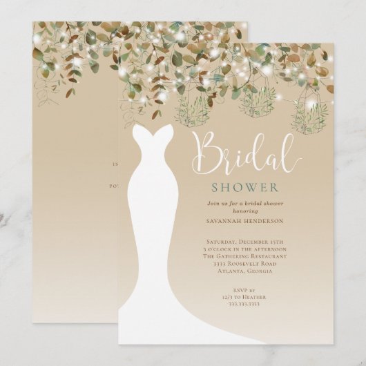 水彩のストリングライトランタン ブライダルシャワー 招待状 (正面/裏面)