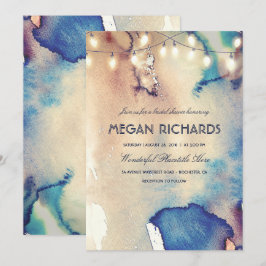 水彩のストリングライト ビーチ ブライダルシャワー 招待状