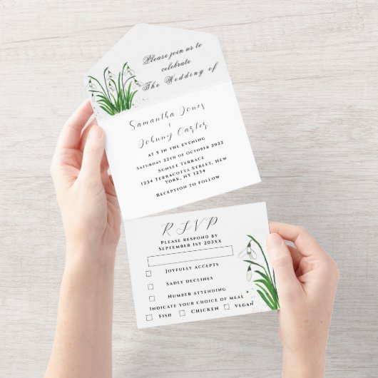 水彩のスノードロップス 白い花のウェディング オールインワン招待状 (貼ってはがせる)