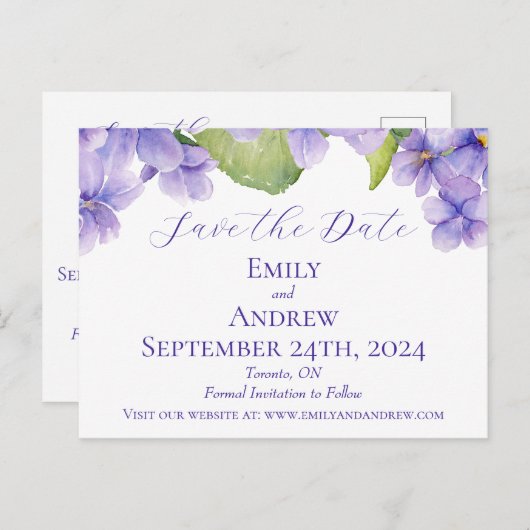 水彩のスミレ日付の結婚保存 インビテーションポストカード (正面/裏面)