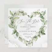 水彩のセージグリーンと葉のハートロマンティック セーブザデート (正面/裏面)