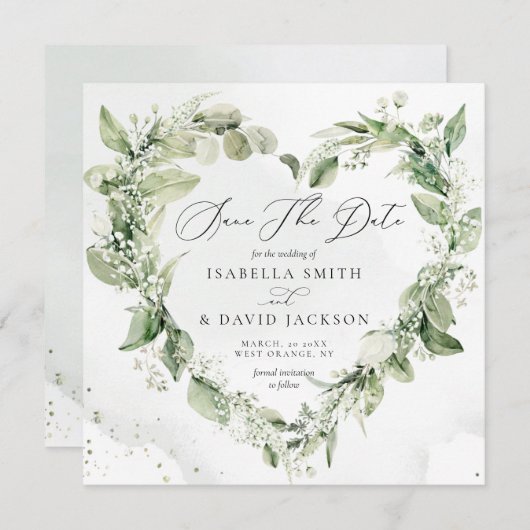 水彩のセージグリーンと葉のハートロマンティック セーブザデート (正面/裏面)