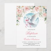 水彩のソフトなピンクの花輪と天使のデザインが可愛い洗礼カード 招待状 (正面/裏面)