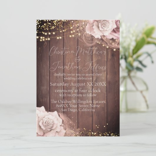 水彩のソフトピンクのバラが木のウェディング 招待状 (スタンド正面)