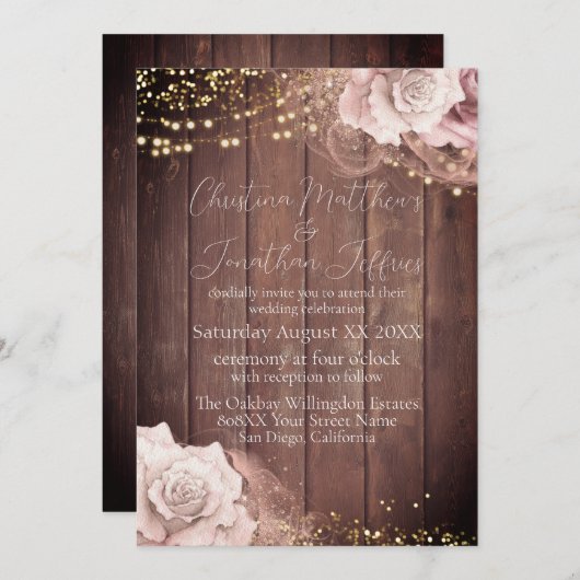 水彩のソフトピンクのバラが木のウェディング 招待状 (正面/裏面)