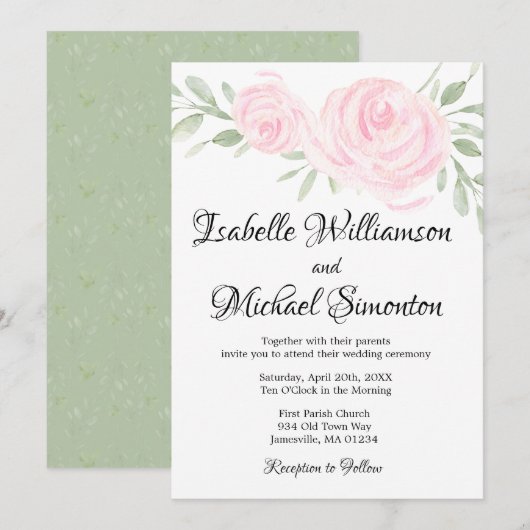 水彩のソフトピンクのバラのウェディング招待状 招待状 (正面/裏面)